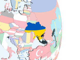 Ukraine with flag on globe