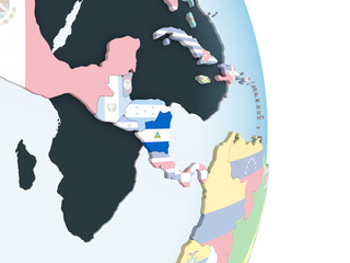 Nicaragua with flag on globe