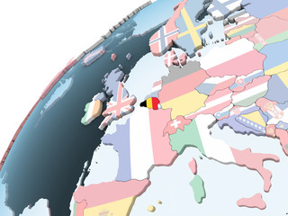 Belgium with flag on globe
