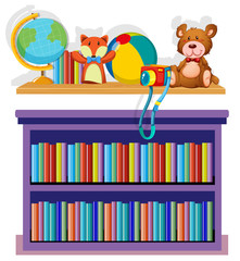 Bookshelf and toys on white background