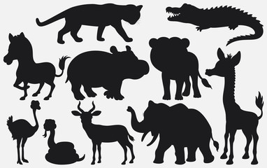 Set of black silhouettes wild animals cartoon on white background