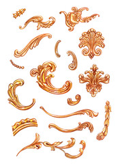 Set of golden baroque patterns, watercolor drawing on white background, isolated