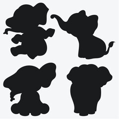 Set of elephant silhouettes cartoon with different poses and expressions