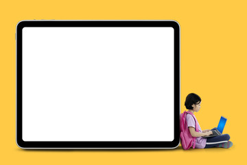 Smart schoolgirl with laptop near a whiteboard