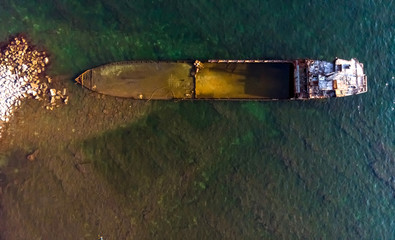 The ship ran aground. View from above