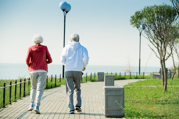 Rear view portrait of active senior couple running together in park along lake, copy space