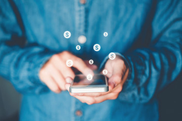 Online banking businessman using smartphone  Fintech and Blockchain concept