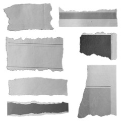 Seven torn pieces of paper isolated on white background