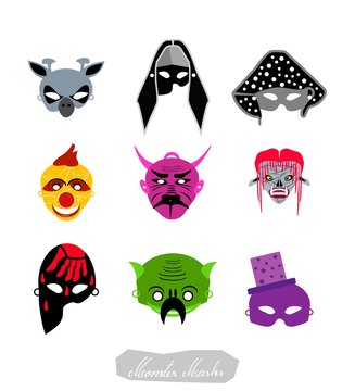 Holidays And Celebrations, Illustration Set of Clowns, Aliens and Evils Masks For Halloween Celebration Party.