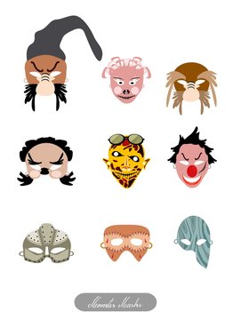Holidays And Celebrations, Illustration Set of Clowns, Aliens and Evils Masks For Halloween Celebration Party.