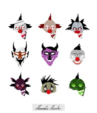 Holidays And Celebrations, Illustration Set of Devils, Monsters and Clowns Masks For Halloween Celebration Party.