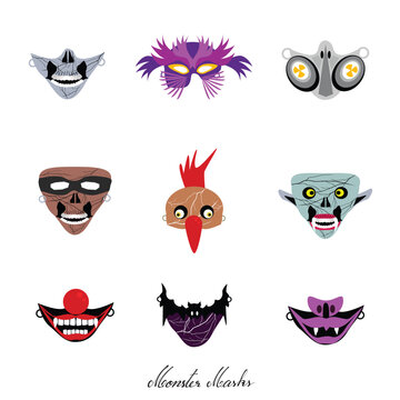 
Holidays And Celebrations, Illustration Set of Clowns, Aliens and Evils Masks For Halloween Celebration Party.