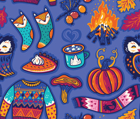 Seamless autumn pattern with pumpkin, jumper and coffee. Hugge season. Vector illustration