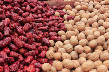 Dried fruits on retail walnuts and red dates