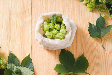 Fresh cones of hops in bag on  wooden background. top view, Ingredient in beer industry. Craft beer brewing. For ale or lager