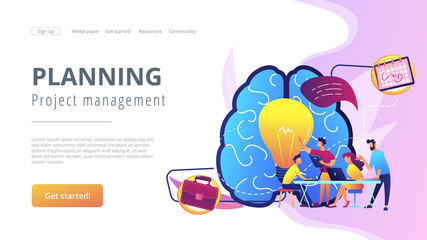 Business team working on project. Project management, business analysis and planning, brainstorming and research, consulting and motivation concept, violet palette. Vector landing page illustration.