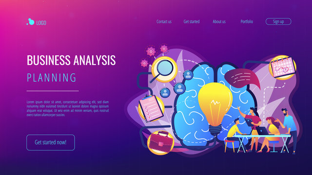 Business team working on project. Project management, business analysis and planning, brainstorming and research, consulting and motivation concept, violet palette. Vector landing page illustration.