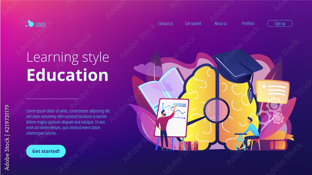 Poster brain with magnifier, academic cap and user learning. education and learning style landing page. lea