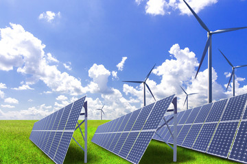 New energy, solar and wind turbines on vast grasslands