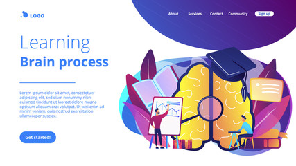 Brain with magnifier and academic cap and user learning. Learning and brain process landing page. Memory and knowledge, education and training concept. Vector illustration on ultraviolet background.