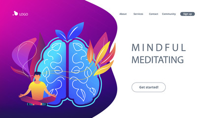 User practicing mindfulness meditation in lotus pose. Mindful meditating concept landing page. Calmness and releasing stress, consciousness and focusing. Vector illustration on ultraviolet background.