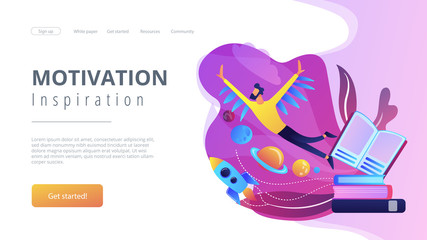 Open book, user flying in space among planets. Motivation and inspiration landing page. Creative thinking, imagination and vision, fantasy and ideas concept, violet palette. Vector illustration.