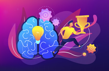 Brain with bulb and user runs carrying cup. Challenge and move for success, confidence and winning competition, motivation and goals achievement concept. Vector illustration on ultraviolet background.