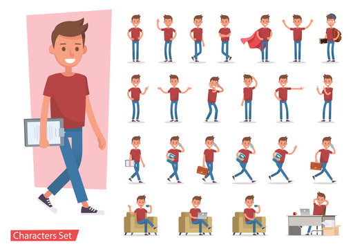 Set of office man worker character vector design. Presentation in various action with emotions, running, standing, walking and working. no2