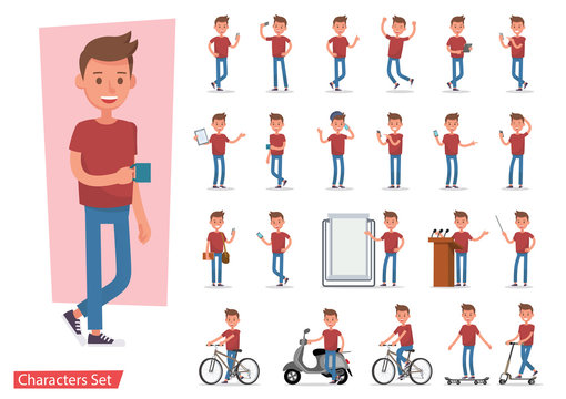Set of office man worker character vector design. Presentation in various action with emotions, running, standing, walking and working. no3