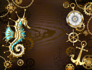 Wooden background with mechanical seahorse © Nelli Valova