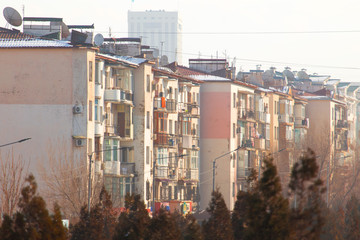 City building, city sunset view and trees