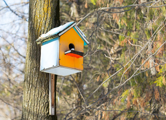 Wooden birdhouse hanging on a tree