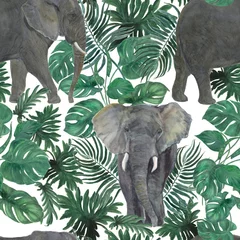 Tuinposter Olifant Aquarel schilderij naadloze patroon met olifanten ang groene tropische bladeren, Jungle achtergrond