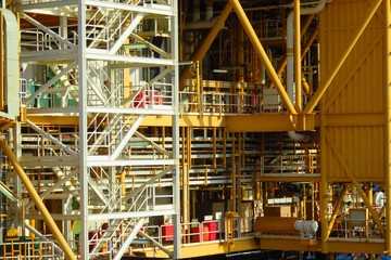 Offshore construction platform for production oil and gas, Oil and gas industry and hard work,Production platform and operation process by manual and auto function, oil and rig industry and operation.