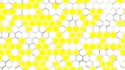 Abstract 3d background made of white hexagons on yellow glowing background