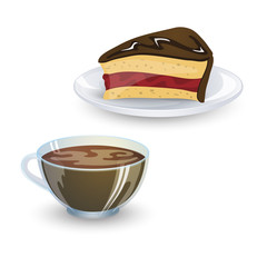 Transparent cup of coffee and a piece of chocolate cake with jam isolated on white background. Vector illustration.