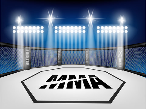 Empty Cage martial arts fighting arena stage with Lighting style:mma