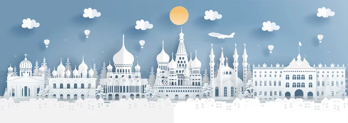 Deurstickers Panorama travel poster of top world famous symbol of Russia in paper cut style vector illustration. © ChonnieArtwork 