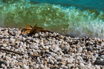 Waves of the blue sea crashing onto a pebble beach in Maronia, Rodopi, Greece