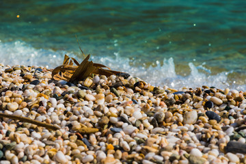 Waves of the blue sea crashing onto a pebble beach in Maronia, Rodopi, Greece