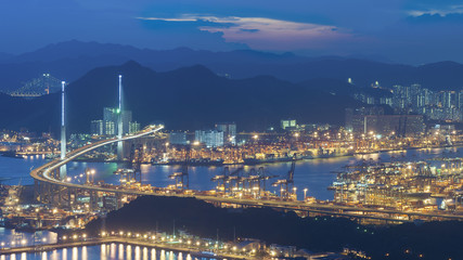 Cargo port and bridge in Hong Kong city