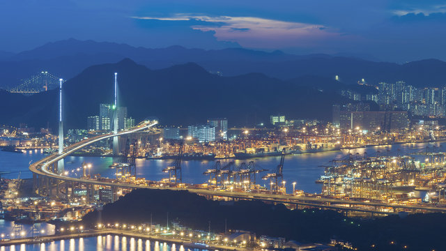 Cargo port and bridge in Hong Kong city