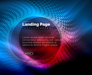 Neon glowing techno lines, hi-tech futuristic abstract background template with circles, landing page template