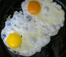 Fried chicken eggs in a frying pan.