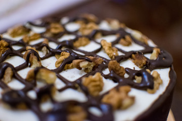 Cake with walnuts and chocolate.