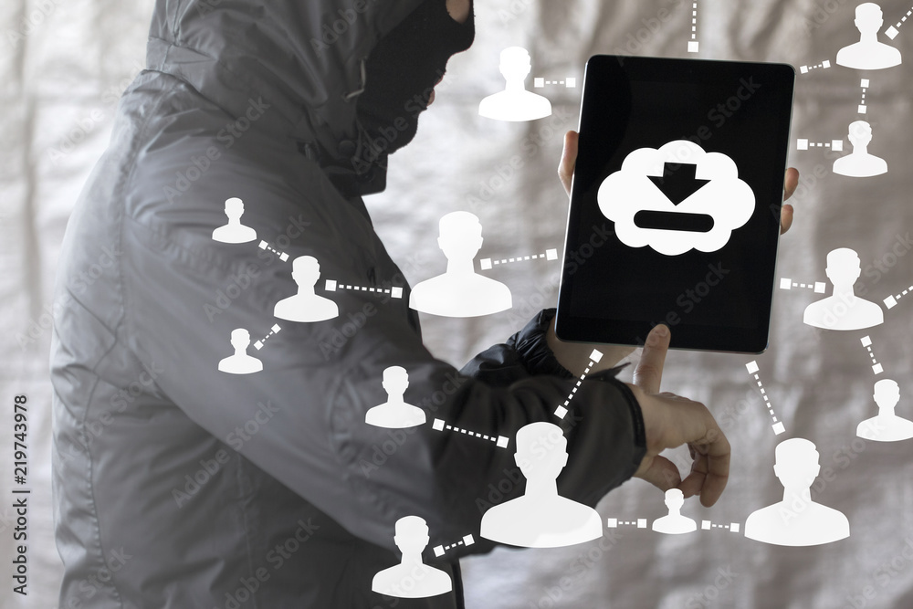 Poster hacker touched tablet pc with cloud and download icon on a display. cyber data web network social se