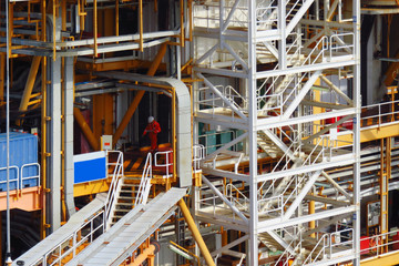 Offshore construction platform for production oil and gas, Oil and gas industry and hard work,Production platform and operation process by manual and auto function, oil and rig industry and operation.