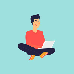 Man sitting working on laptop. Flat design vector illustration.