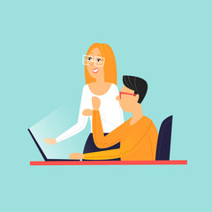 Man and woman talking near laptop, office life.  Flat design vector illustration.
