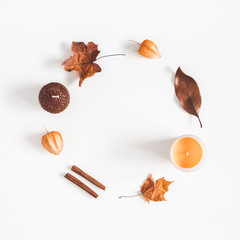 Autumn composition. Wreath made of autumn things on white background. Flat lay, top view, square, copy space, square
